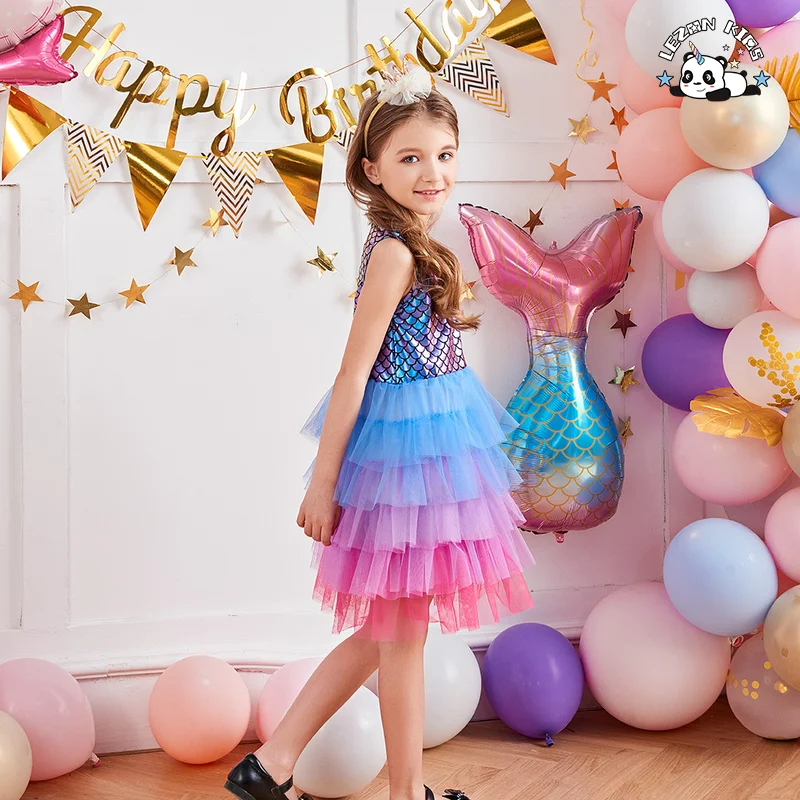 LEZONKIDS - Custom Girls' Casual Mermaid Tutu Dress Layered Floral Print Lace Decor Formal Sweet Summer Outfit for Kids
